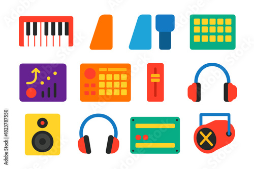 Synth Icon Set. Flat vector icons of Synth Performance: keyboard, pitch wheel, modulation wheel, step sequencer, arpeggiator, drum