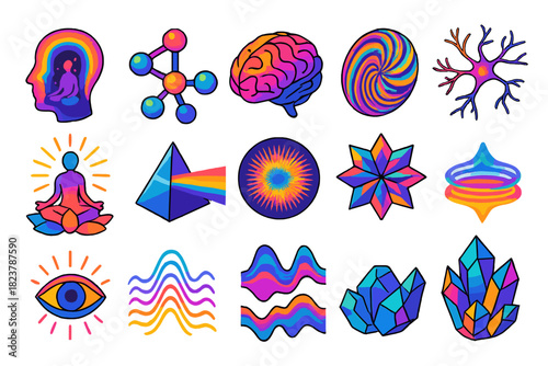 Psychedelic Science Icons. Isometric vector illustration set Psychedelic Science: mind exploration, molecule chain, stylized brain