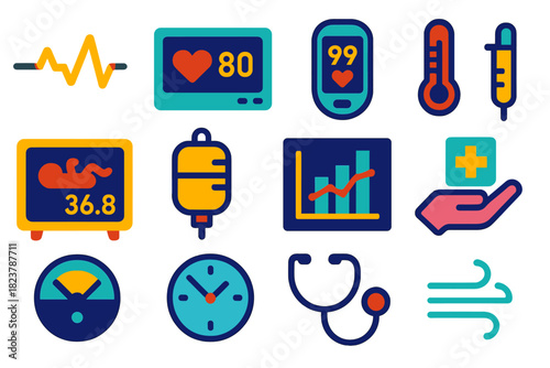 Neonatal Monitoring Icons. Flat vector icons of Neonatal Monitoring: ECG line, heart monitor, pulse oximeter, thermometer,
