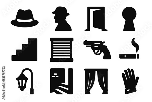 Shadowed Corners Icons. Solid style icons of Shadowed Corners: Fedora Hat, Silhouette, Doorway, Keyhole, Stairs, Blind Window,