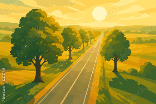 Tree-Lined Road Glow. Scenic aerial view of vector illustration a tree-lined road glowing under golden sunlight, serene and