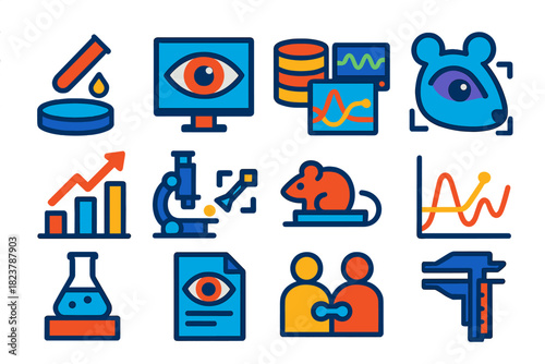 Animal Eye Research Icons. Flat vector icons of workflow in animal eye optics research: sample preparation, eye imaging, data