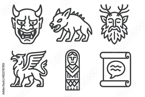 Line Style Mythical Icons. Line style icons of Cultural Variants of Legends: yokai mask, chupacabra outline, European forest