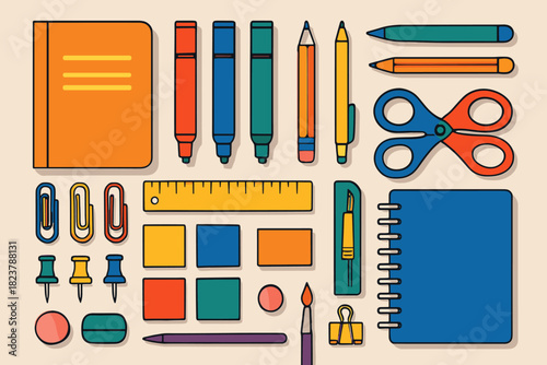 Colorful Stationery Flat Lay. Flat lay of colorful stationery supplies neatly arranged on a clean surface, vibrant tones and sharp