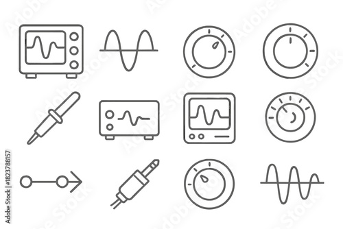 Cybernetic Line Icons. Line style icons of cybernetics: oscilloscope, wave pattern, control dial, frequency knob; sensor probe,