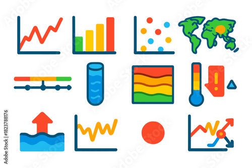 Paleoclimate Data Visual Icons. Flat vector icons of paleoclimate data visualization: line chart, bar graph, scatter plot, map