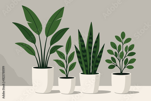 Modern Green Oasis. Minimalist interior with bright green plants arranged in clean vector illustration white pots against a