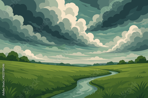 Serene Green Field. Scenic shot of a green field with a small winding stream under a vector illustration dramatic cloudy sky,