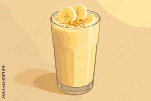 Banana Smoothie Delight. Freshly blended banana smoothie in a tall glass, topped with sliced bananas and crushed nuts, soft warm