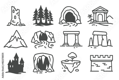 Line Style Fantasy Icons. Line style icons of fantasy landscapes: ruined tower, dark forest, cave mouth, desert temple; mountain
