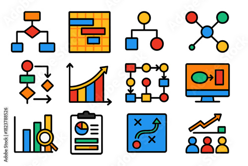 Operational Research Icons. Flat vector icons of operational research concepts: flowchart, gantt chart, decision tree, network