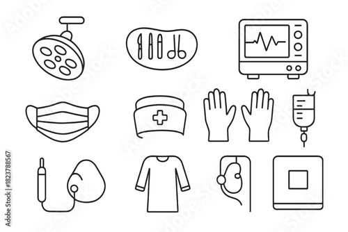 Surgical Icon Set. Line style icons of hospital surgery: operating lamp, surgical tray, heart monitor, anesthesia machine;