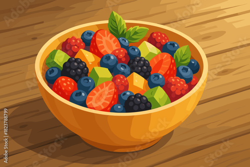 Fruity Delight Display. Colorful bowl of fruit salad vector illustration with fresh berries and mint leaves on a rustic wooden