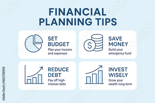 Financial Planning Infographic. Flat infographic for financial planning tips, minimalist charts, coins, and line icons, clean blue
