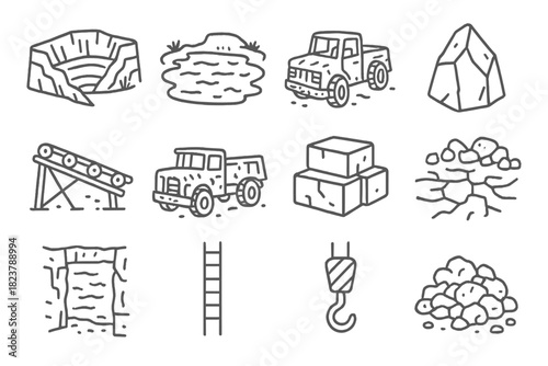 Abandoned Quarry Icons. Line style icons of abandoned quarry: deep pit, water, derelict machinery, granite; broken conveyor,