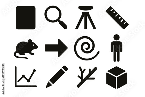 Observational Tool Icons. Solid style icons of observational and experimental tools: notebook, magnifying glass, tripod, ruler,