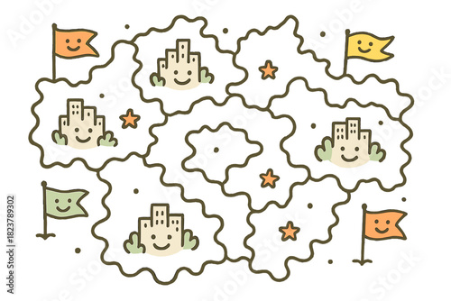 Dancing Borders with Stars. Playful doodle changing borders illustration with happy flags, cartoon boundary lines moving gently,