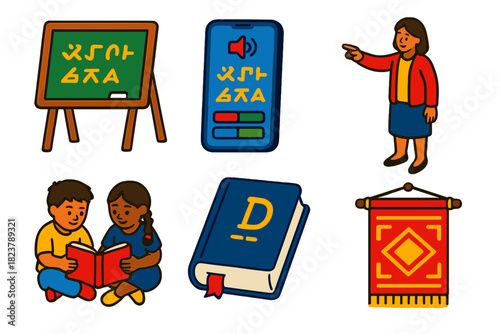 Language Revitalization Icons. Isometric vector illustration set Language Revitalization: classroom chalkboard, language app on