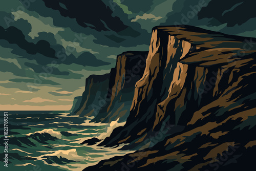 Stormy Cliffside Adventure. Dramatic ocean cliffside vector illustration under a moody stormy sky, rugged natural tones and sharp