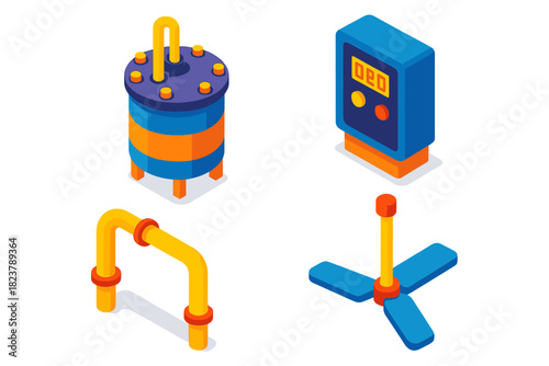 Bioleaching Equipment Icons. Isometric vector illustration set Bioleaching Equipment: Sealed bioleaching tank, temperature control