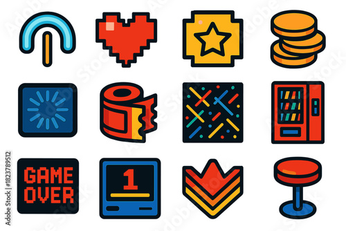 Retro Arcade Icons. Flat vector icons of Arcade Atmosphere: neon light, pixel heart, 8-bit star, token stack, CRT glow, ticket