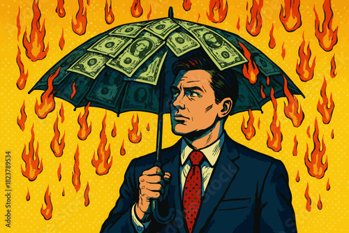 businessman calmly standing under an umbrella made of dollar bills while flames rain down. Generative ai vector colorful pop art illustration.