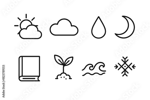 Folk Meteorology Icons. Line style icons of Folk Meteorology: Weather Forecast, Planting Guide, Tide Chart, Folklore; Sun, Cloud,