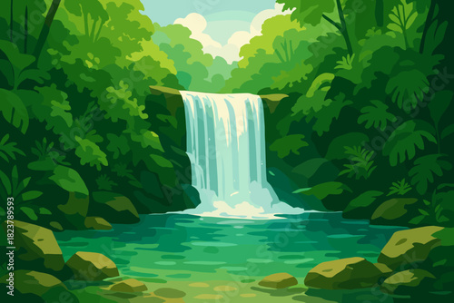 Serene Waterfall Oasis. Scenic waterfall cascading into a crystal-clear pool surrounded by lush vector illustration greenery, soft