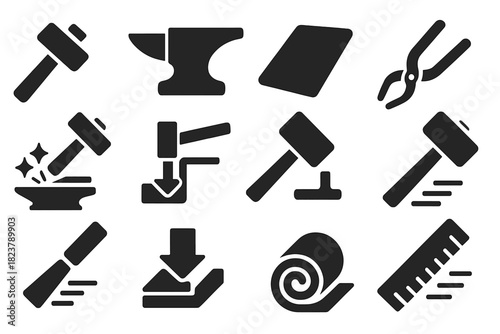 Metal Shaping Icons. Solid style icons of work hardening and metal shaping: hammer, anvil, metal sheet, tongs, sparks, bending