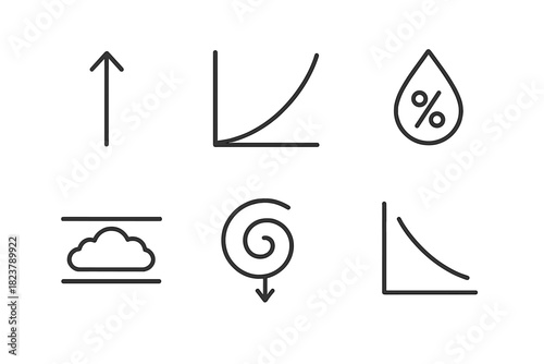 Atmospheric Conditions Icons. Line style icons of Atmospheric Conditions for Cloud Physics: updraft arrow, saturation curve icon,