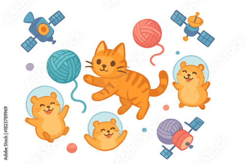 Zero-Gravity Cat Paradise. Zero-gravity cat playground with floating yarn balls, playful satellites, and smiling space hamsters No