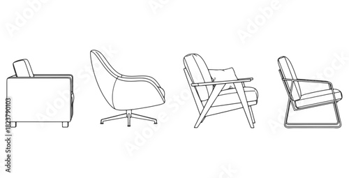 CAD drawings of multiple modern armchair designs in side view — minimalist block armchair, curved contemporary armchair, cushioned lounge armchair. Vector illustration