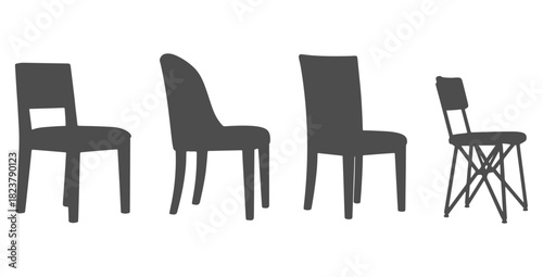 CAD drawings of multiple dining chair silhouette styles in side view — straight back dining chair, curved-back chair, upholstered dining chair, metal frame chair. Vector illustration