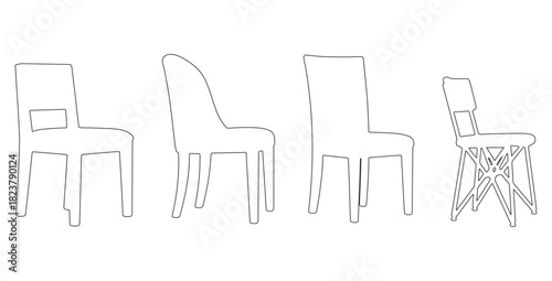 CAD drawings of multiple dining chair outline styles in side view — straight back dining chair, curved-back chair, upholstered dining chair. Vector illustration