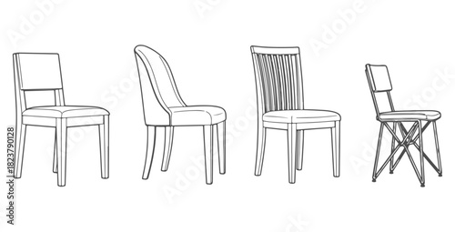 CAD drawings of multiple dining chair styles in side view — straight-back dining chair, curved-back chair, upholstered dining chair, wooden slat back chair, metal frame chair. Vector illustration