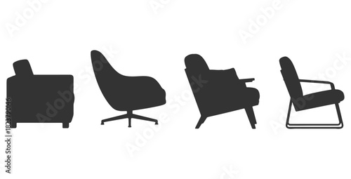CAD drawings of multiple modern armchair silhouette designs in side view — minimalist block armchair, curved contemporary armchair, cushioned lounge armchair. Vector illustration