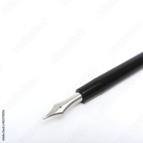 A sleek black fountain pen with a metallic nib and a subtle sheen to its surface, placed on a white background