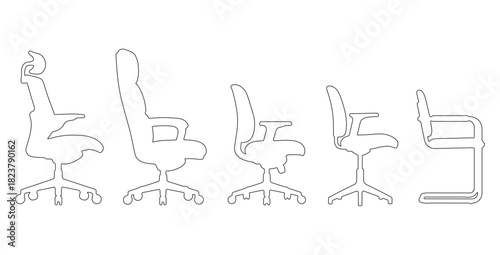 CAD drawings of several office chair outline designs in side view — ergonomic mesh chair, cushioned executive chair, swivel task chair, minimal modern office chair. Vector illustration