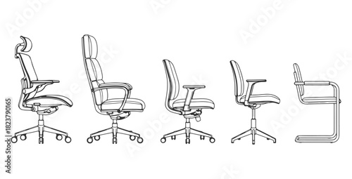 CAD drawings of several office chair designs in side view — ergonomic mesh chair, cushioned executive chair, swivel task chair, minimal modern office chair. Vector illustration