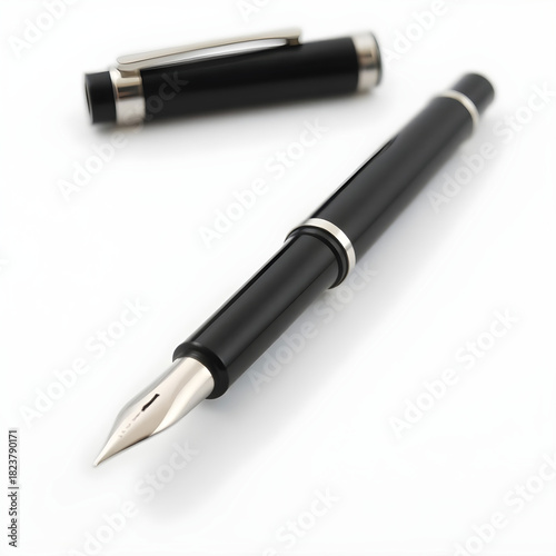 A sleek black fountain pen with a metallic nib and a subtle sheen to its surface, placed on a white background