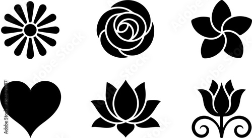 Collection of six black silhouette floral and heart icons on white background