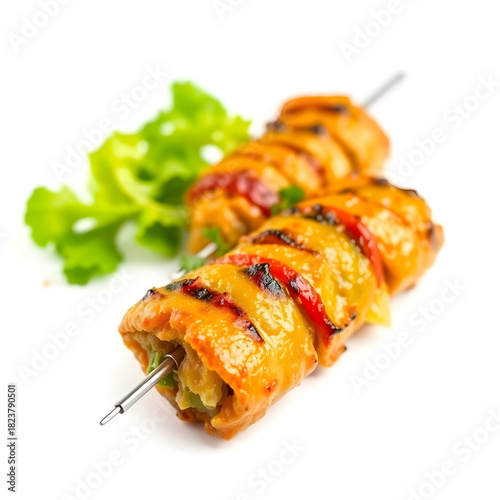 A succulent and freshly grilled green kebab, with a vibrant green hue, placed against a clean and pristine white background