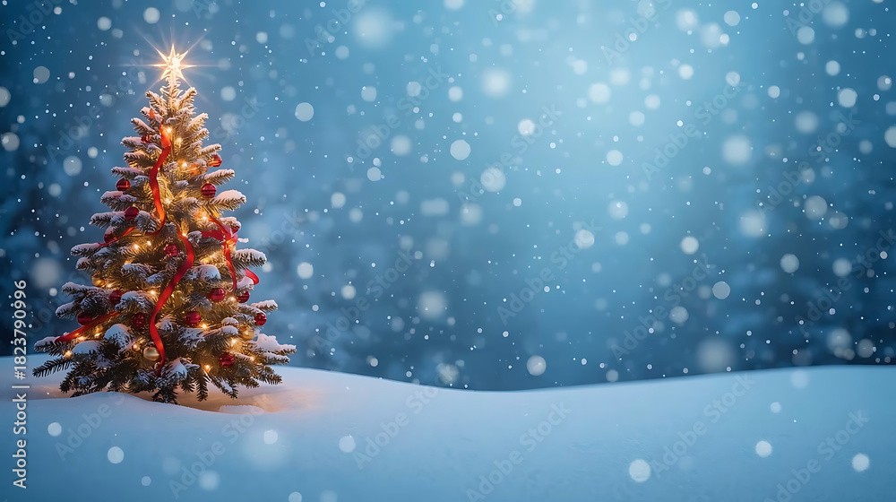 Obraz premium Christmas tree winter snow background christmas design for flayers, banners, backgrounds, greetings, text space 