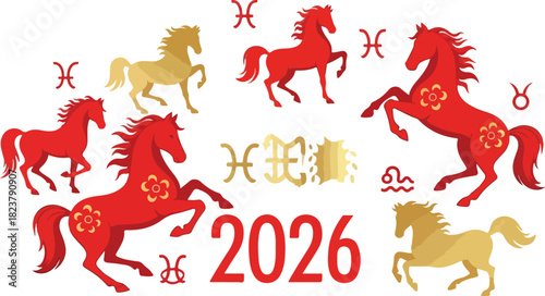 Graphic shows 2026 Chinese zodiac red  gold horses zodiac symbols