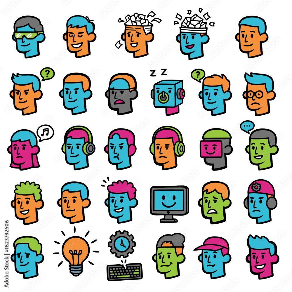 Obraz premium Mental Health and Thinking Icon Set: Brainstorming, Ideas, Psychology, and technology concepts, Vector Avatars.