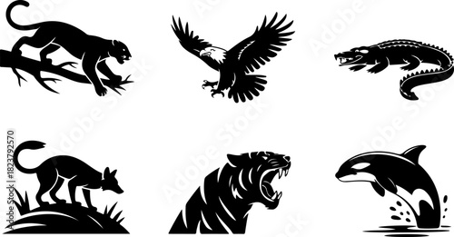 Collection of six distinct animal silhouettes in black and white
