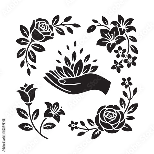 Hands and Flowers Square Silhouette Vector