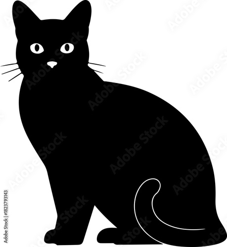Silhouette of a black cat sitting and looking forward