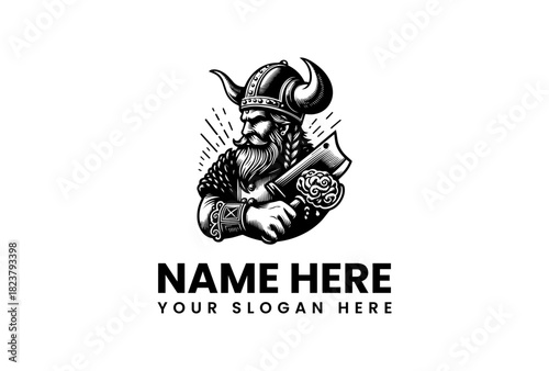 Vintage monochrome Viking head with horned helmet and axe, an emblem style barbarian mascot vector logo illustration