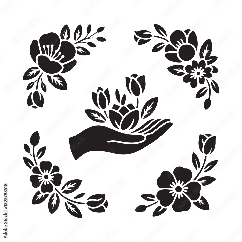 Obraz premium Hand Holding Flowers in Circle Silhouette